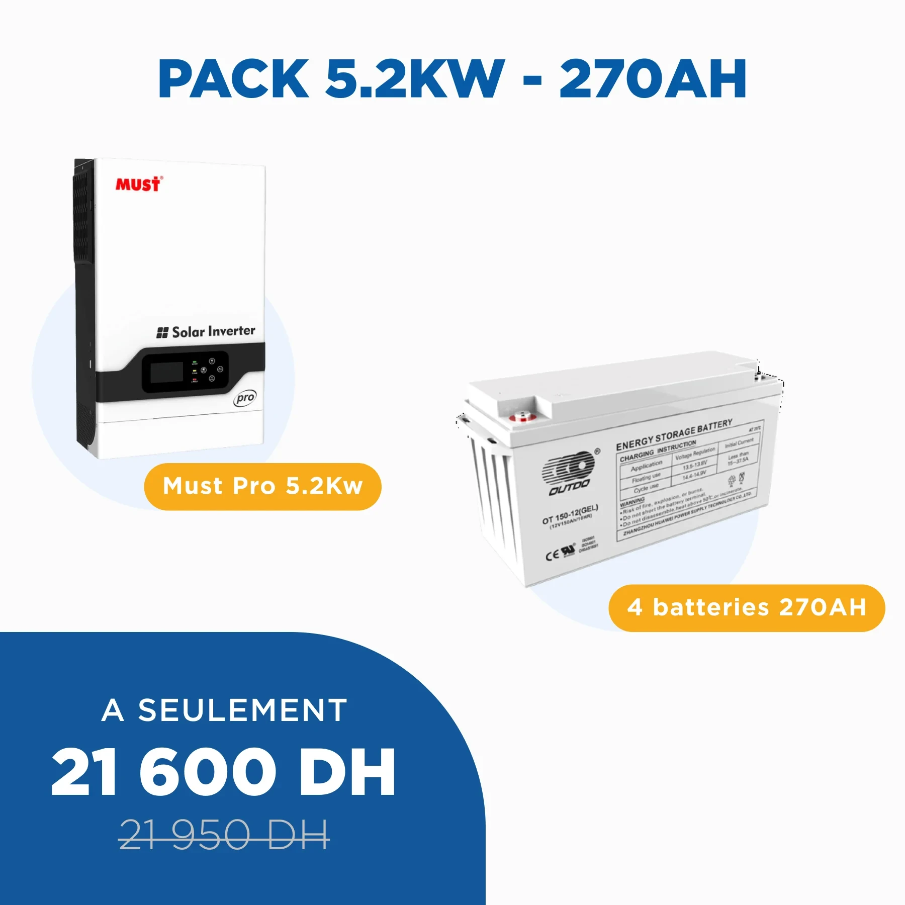 Pack - Batterie solaire 270 AH et Onduleur Hybride MUST PRO 5.2KW